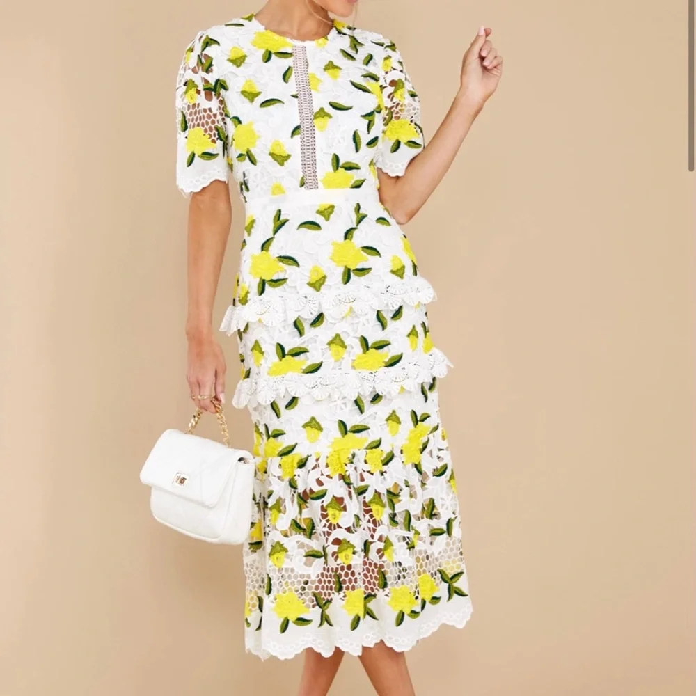 Just Me Floral Lace Midi Dress - White and Yellow Size S - Picture 1 of 5